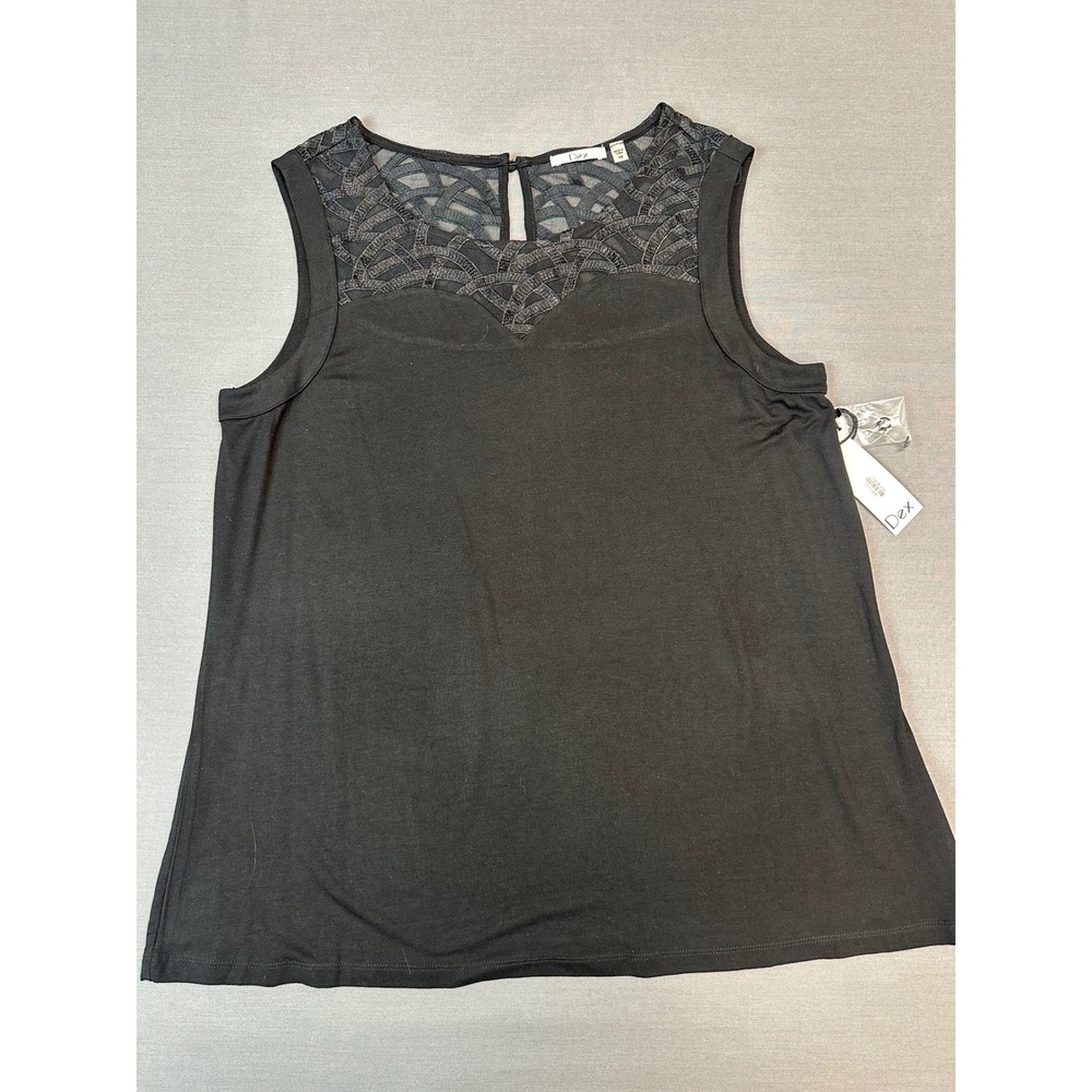 NWT* Dex Womens 1X Black Lace Yoke Sleeveless Top Keyhole Back Plus Size